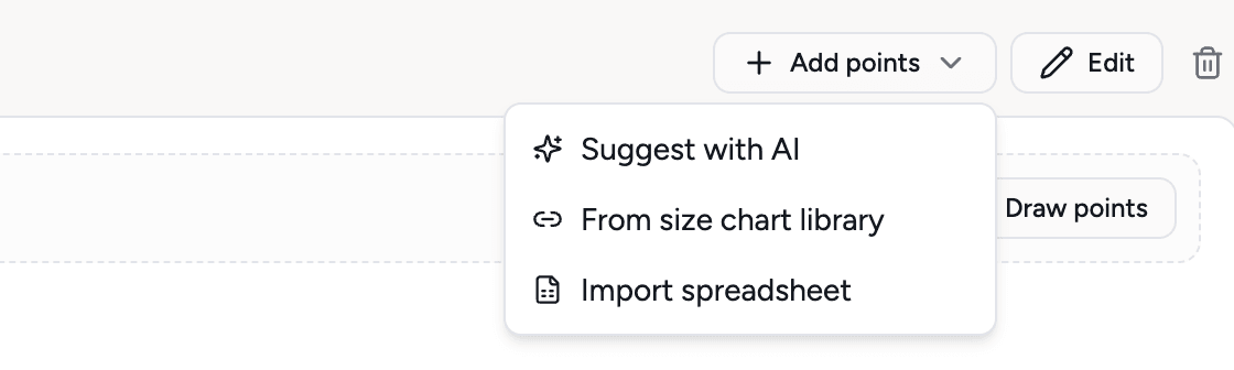 The Add points menu in the Sizes section: Suggest with AI, From size chart library, Import spreadsheet, next to a Draw points button