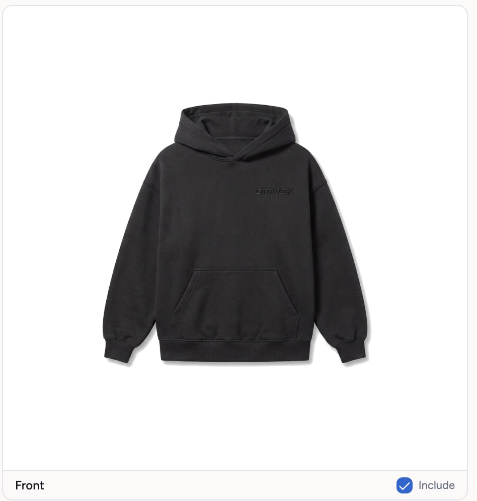 A photoreal black Dravex hoodie mockup generated by Techstyles, front view, marked Include