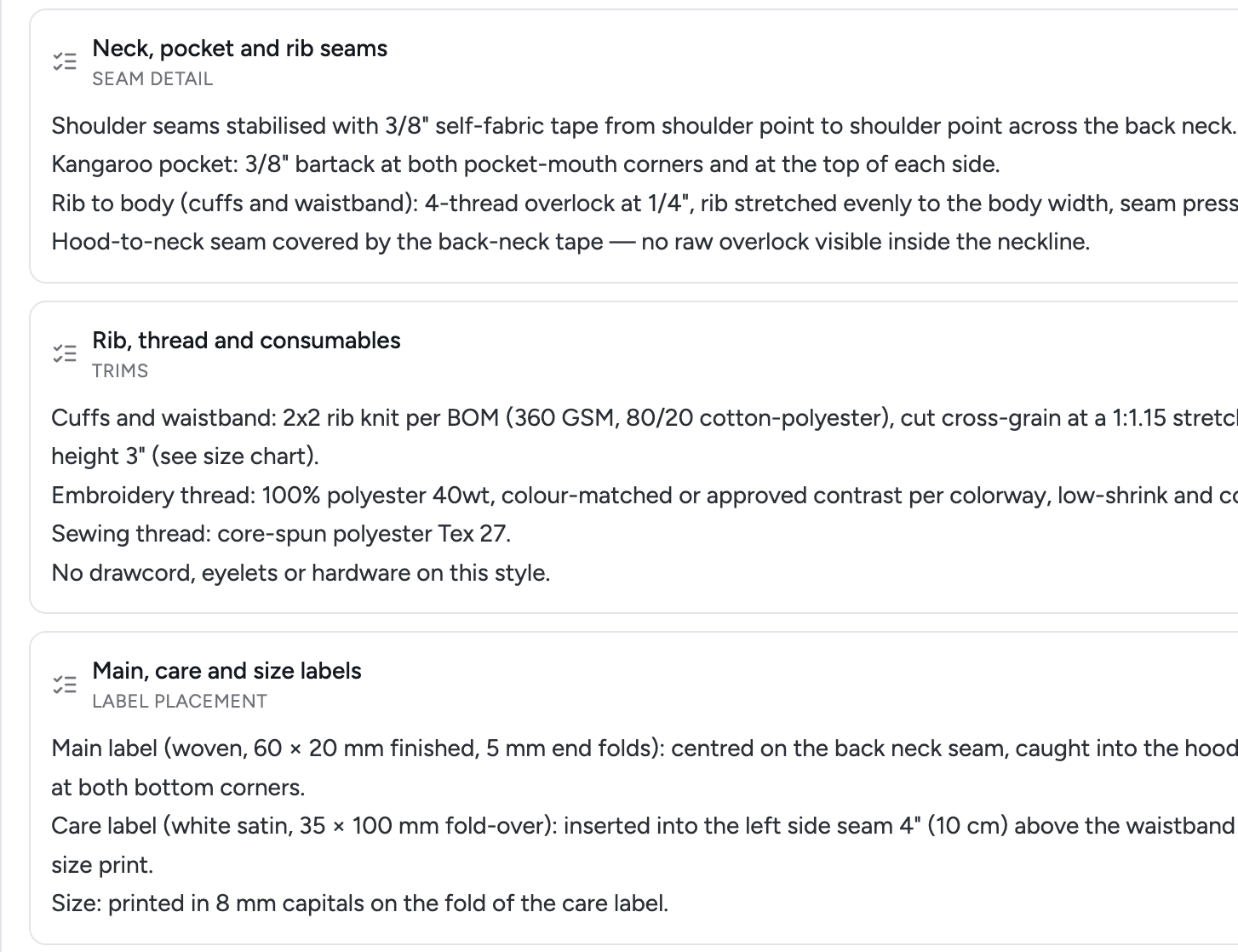 Instruction blocks in the tech pack: seam detail, trims and label placement, each a short numbered specification