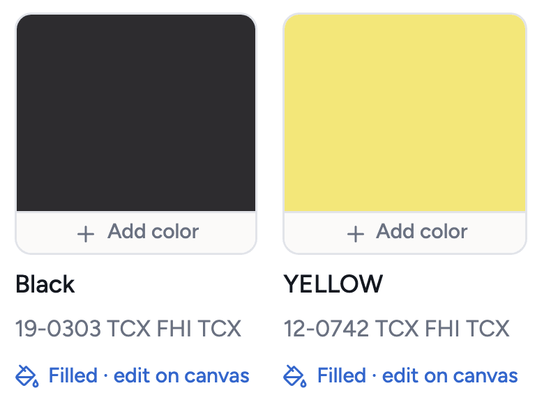 Two colorway cards in Techstyles, Black 19-0303 TCX and Yellow 12-0742 TCX, both filled on the canvas