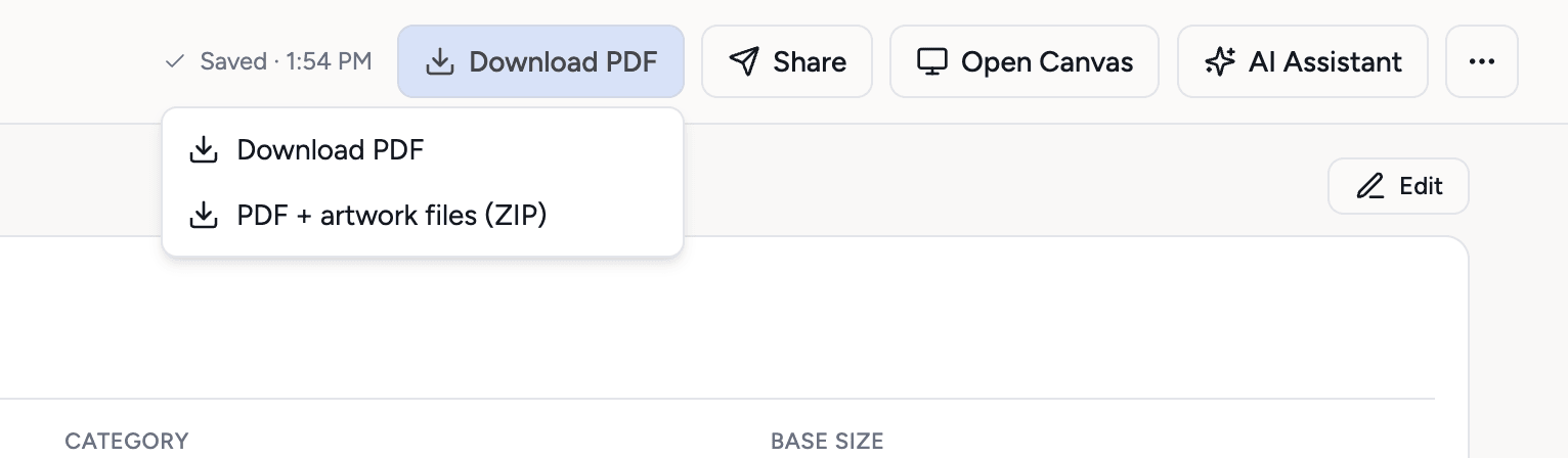 The tech pack header with the Download menu open: Download PDF, or PDF plus artwork files as a ZIP, next to Share and Open Canvas