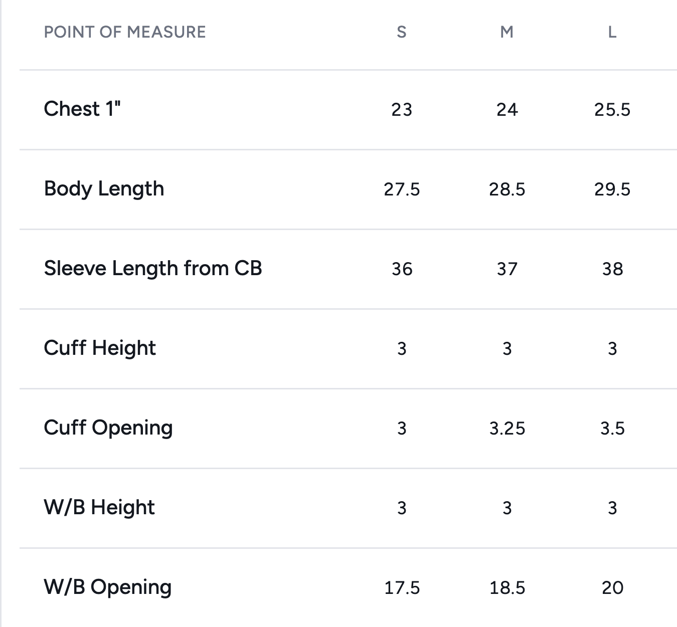 A graded measurement table in Techstyles listing chest, body length and sleeve length for sizes S to L