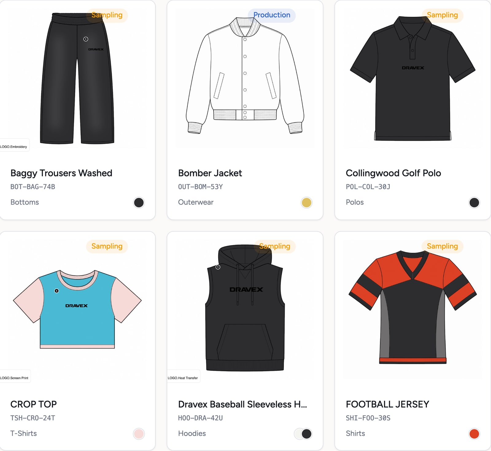 The Techstyles product library with Dravex tech packs: trousers, a bomber jacket, a polo, a crop top, a sleeveless hoodie and a football jersey