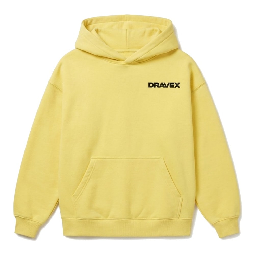 A photoreal yellow hoodie mockup with a chest logo, generated by Techstyles from the flat sketch