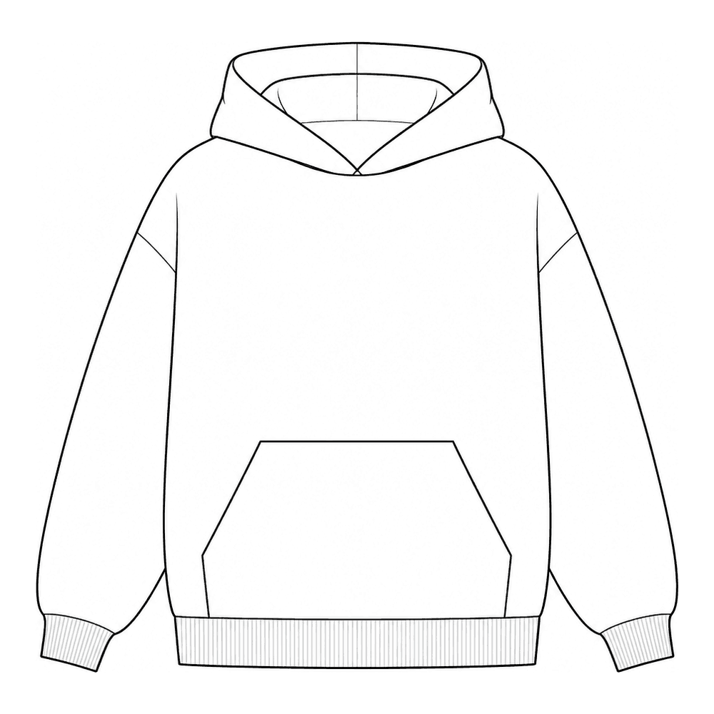 A clean front-view technical flat sketch of a pullover hoodie, drawn by Techstyles
