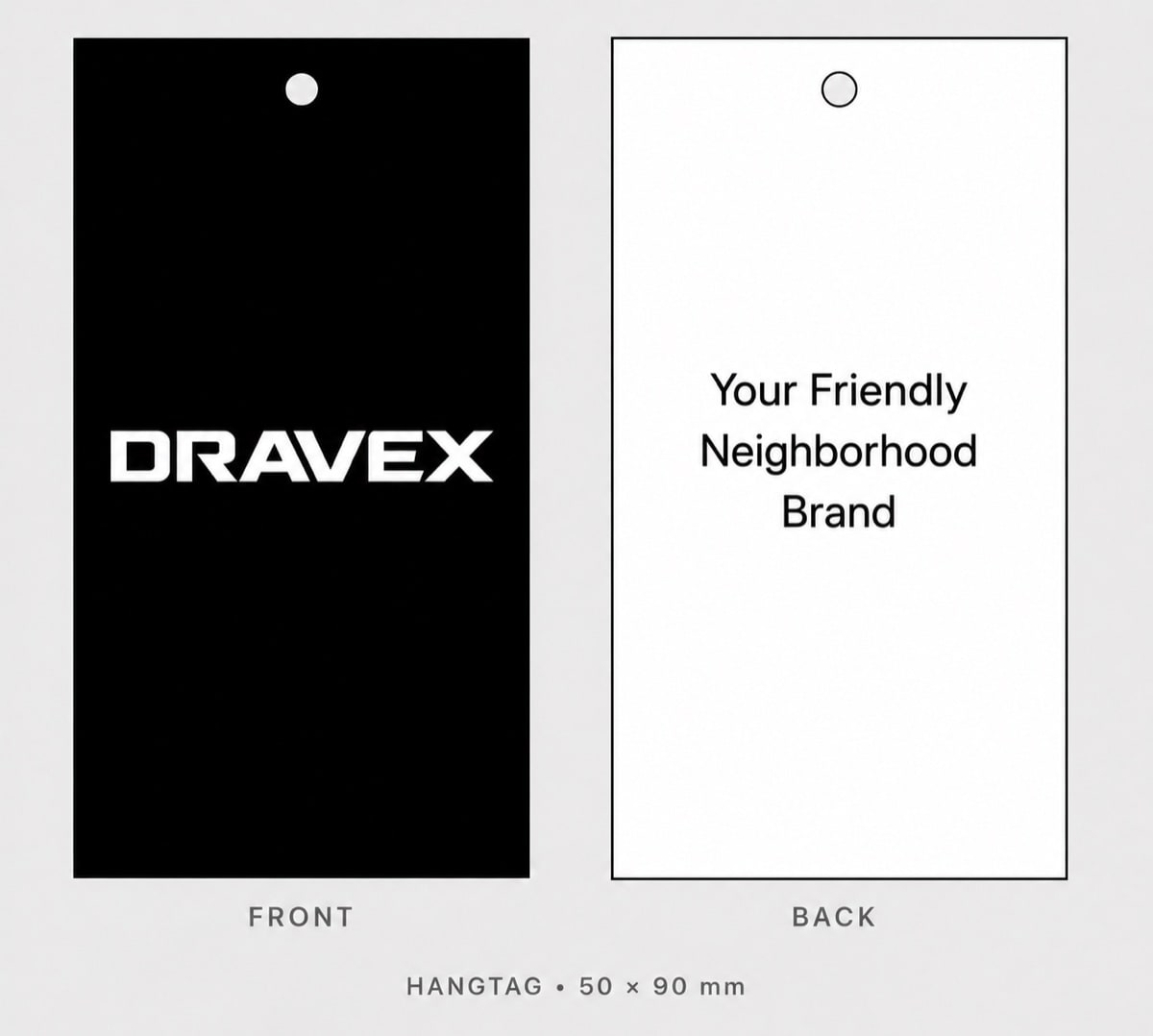 An AI-generated hangtag spec, front and back, with dimensions