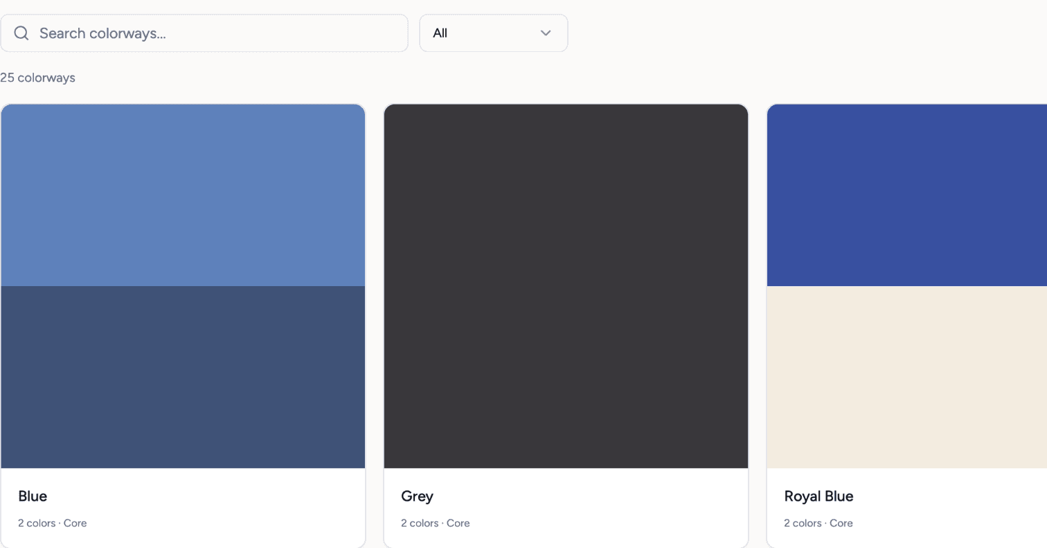 The Techstyles colorway library with a search box and colorway cards showing two-color swatches