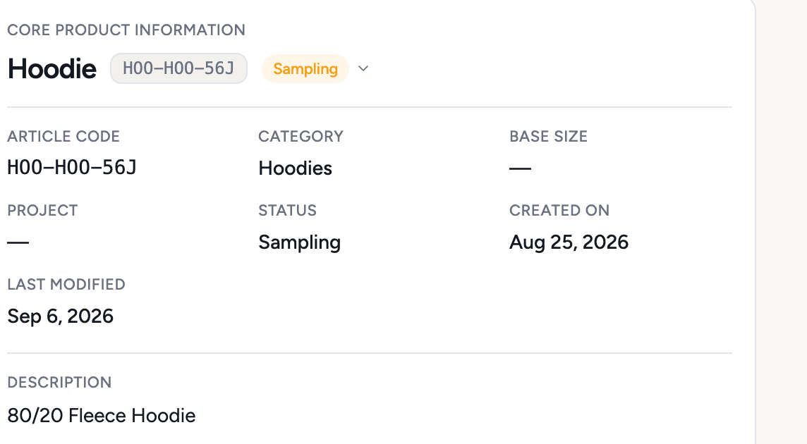 The Overview of the demo tech pack: style name Hoodie, article code, category, status Sampling, dates and description