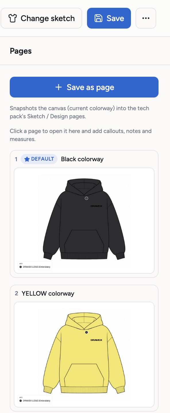 The canvas Pages panel with the Save button, Save as page, and the Black and Yellow colorway pages of the Dravex hoodie