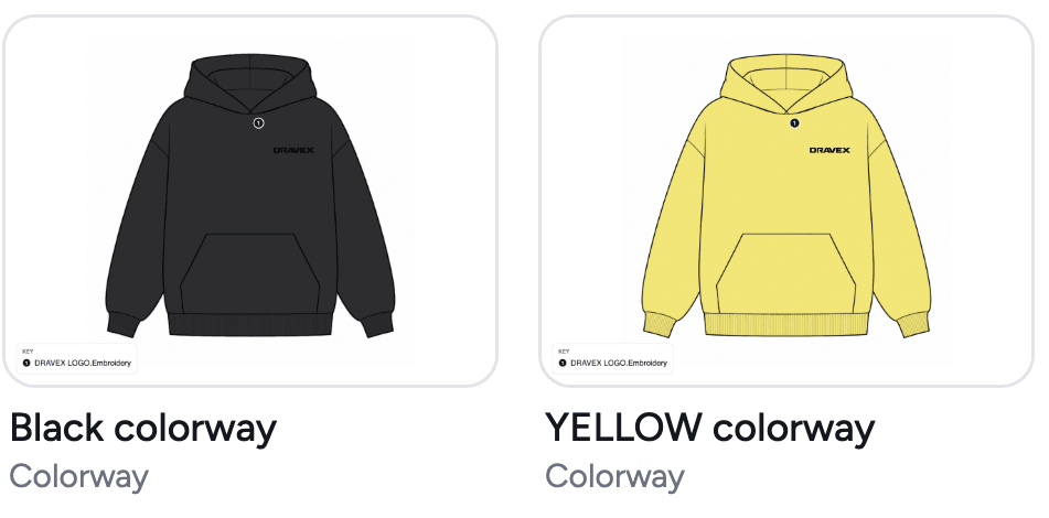 The Black and Yellow colorway pages of the hoodie, each a colored flat with the Dravex logo