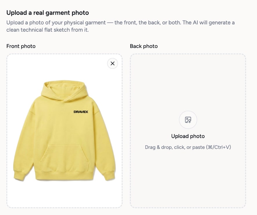 The front photo slot of the sketch generator holding a photo of the yellow Dravex hoodie, next to an empty back photo slot