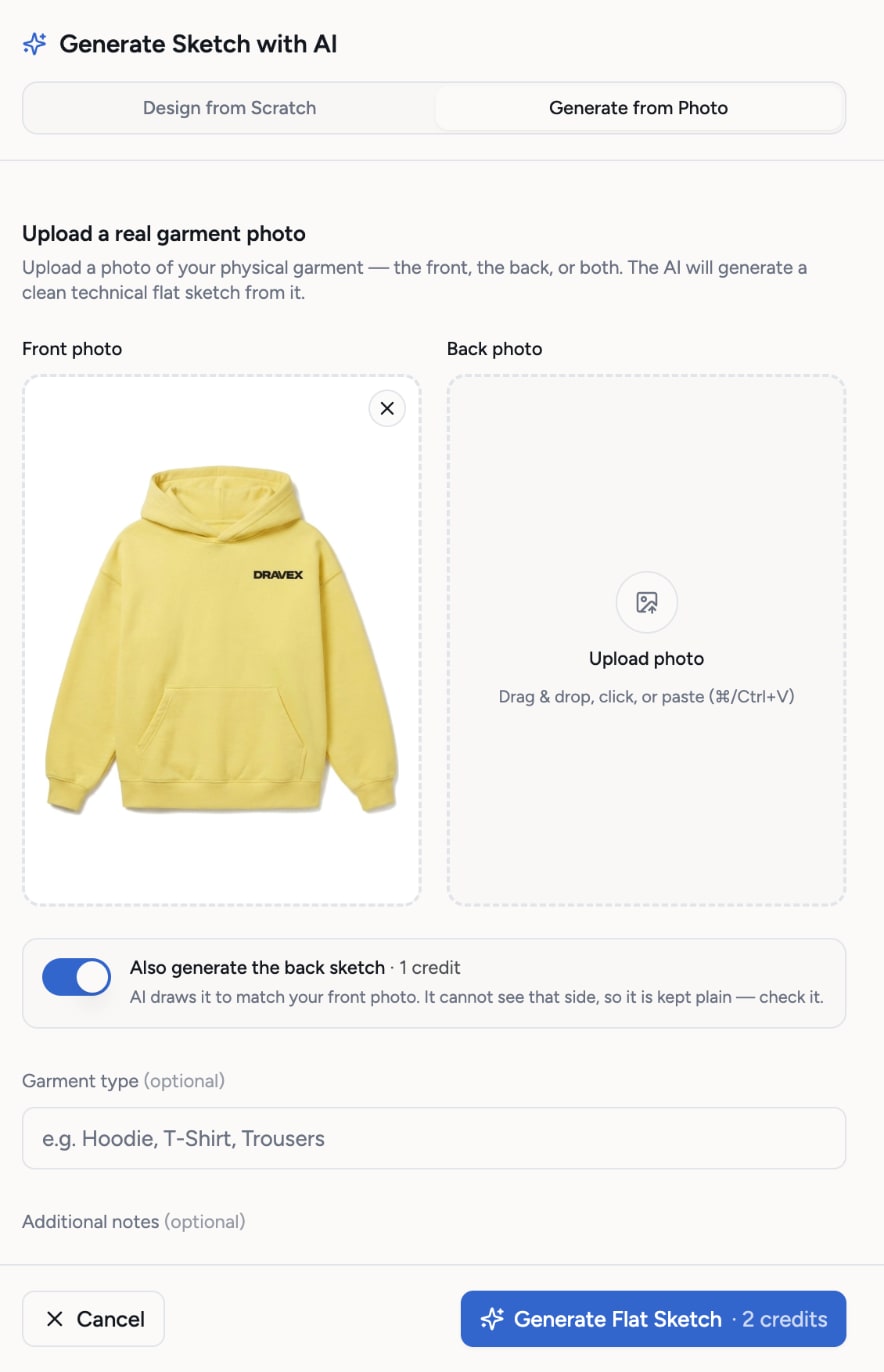 The Generate from Photo tab of the sketch generator with a photo of the yellow Dravex hoodie in the front photo slot and the option to also generate the back sketch