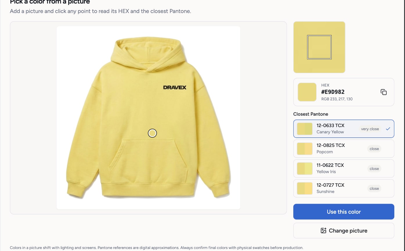 Pick a color from a picture: the yellow Dravex hoodie photo with a sampled point, its HEX value and the closest Pantone TCX references ranked very close and close
