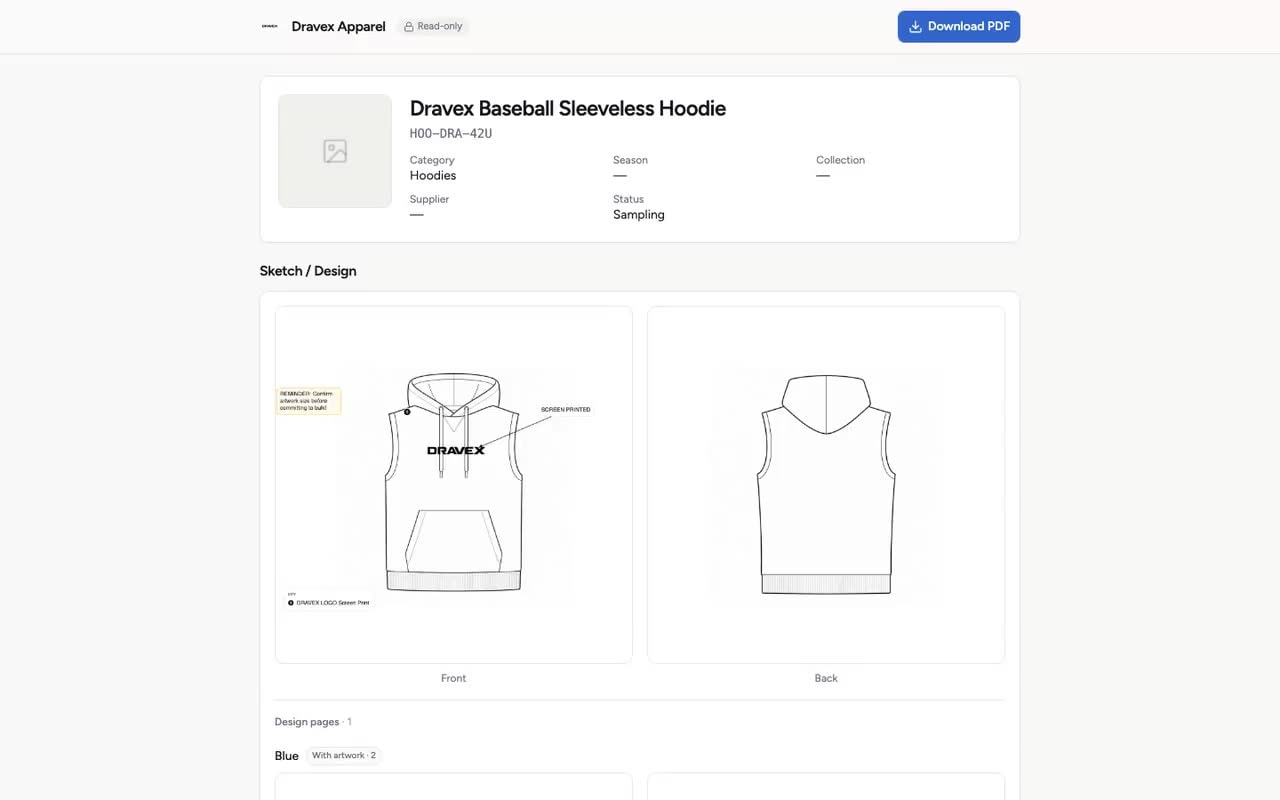 The read-only supplier view of the Dravex hoodie tech pack, showing product details with front and back flats