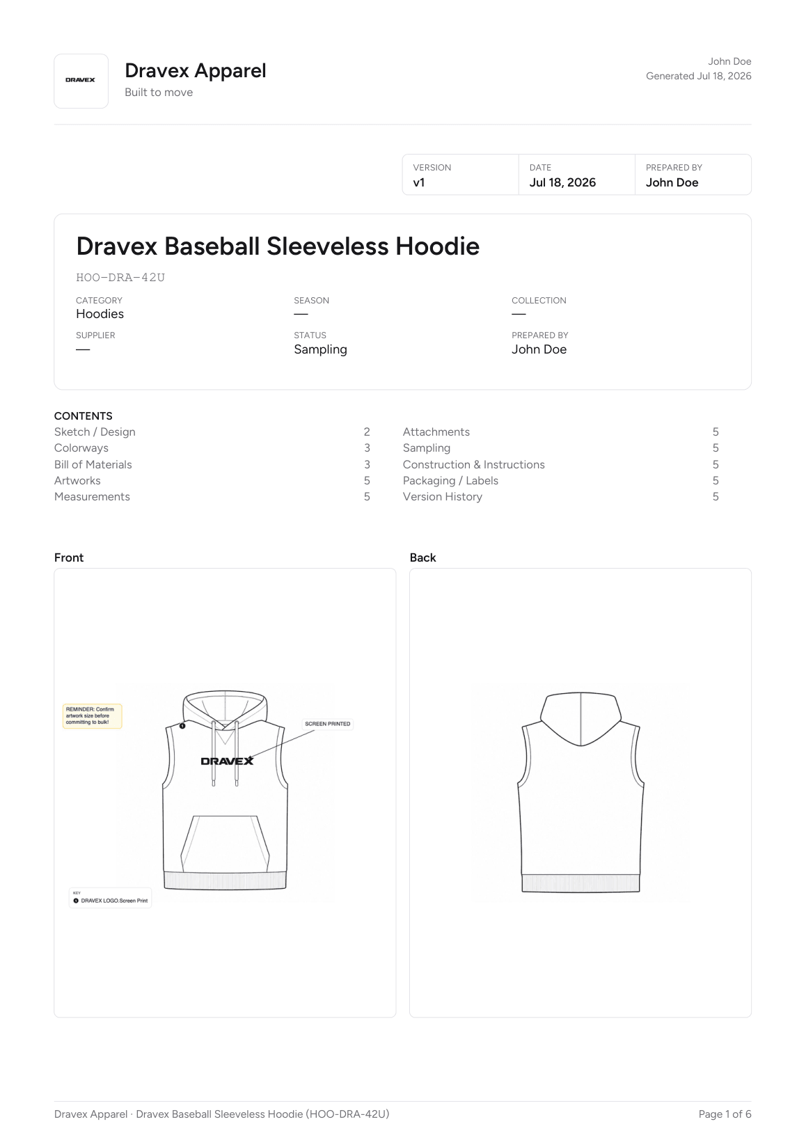 The exported Dravex Apparel PDF tech pack cover with brand header, contents and front and back flats