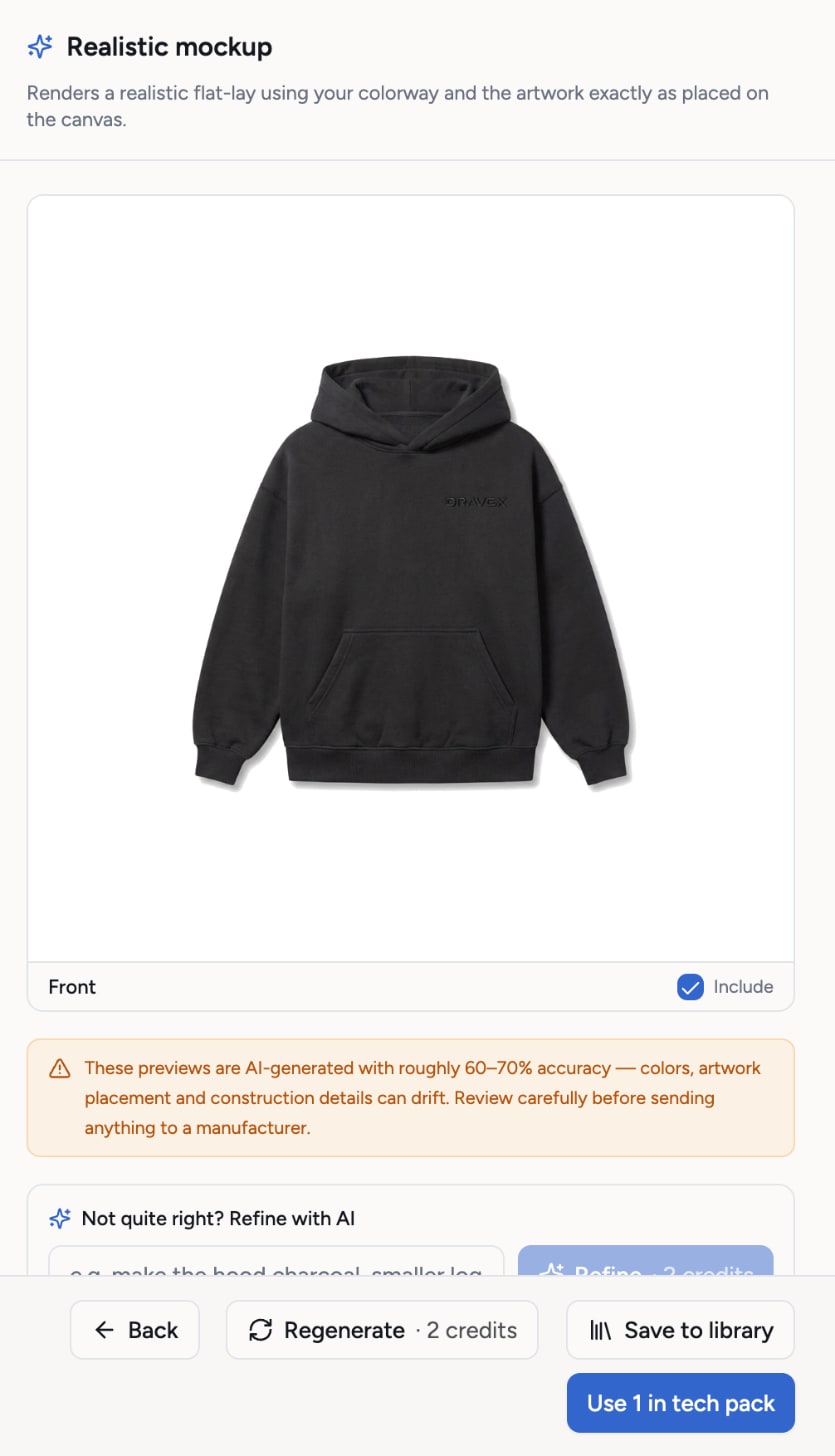 The Realistic mockup sheet showing a generated black Dravex hoodie, the accuracy note, and the Regenerate for 2 credits and Use in tech pack buttons