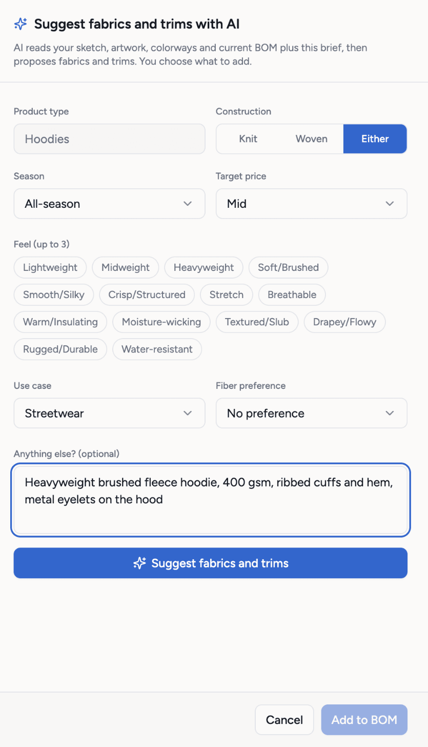 The Suggest fabrics and trims with AI sheet: product type, construction, season, target price, feel chips, use case, fiber preference and a brief