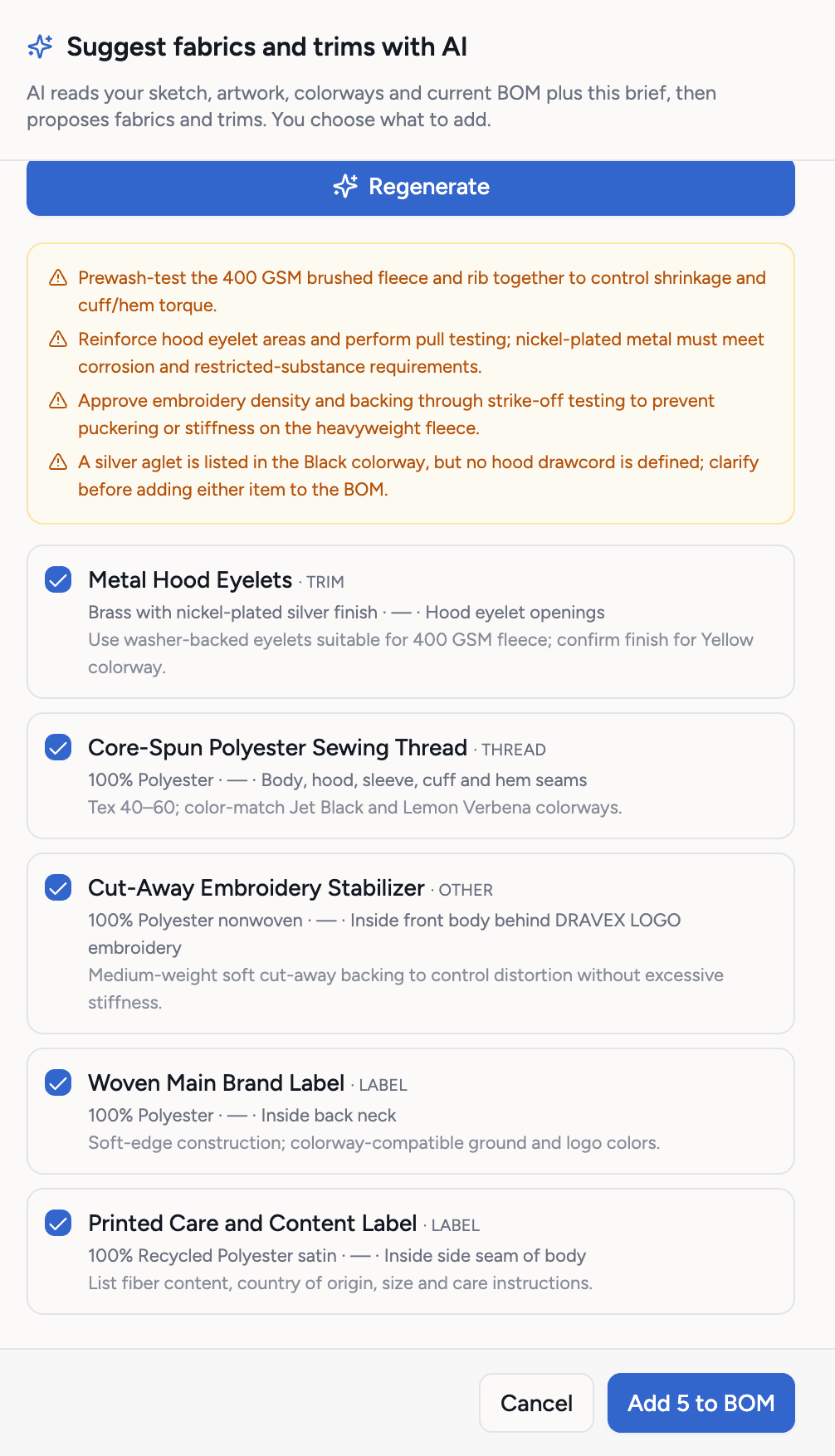 AI fabric and trim suggestions for the hoodie with notes to check, each with a checkbox, and an Add 5 to BOM button