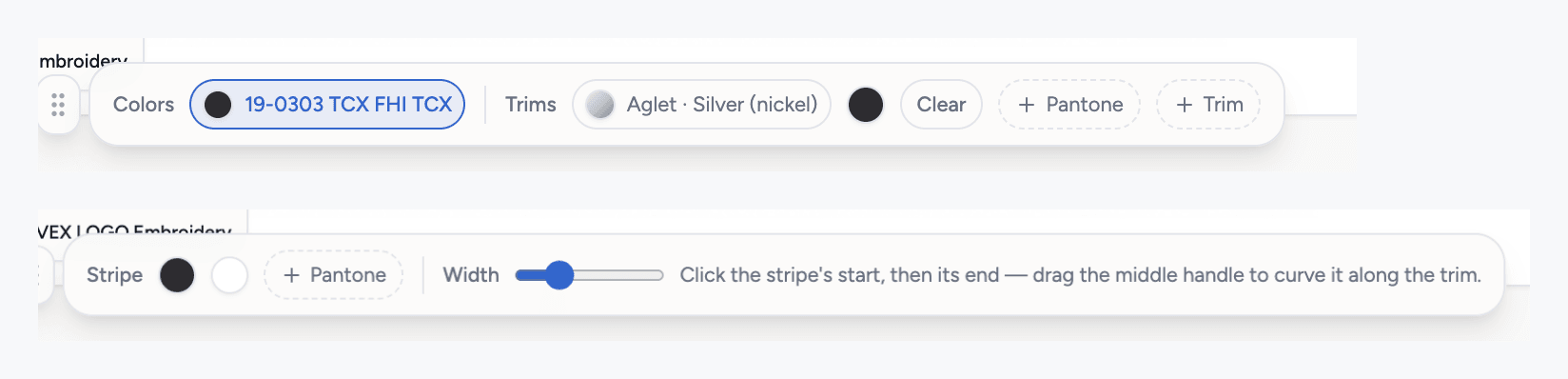 Two canvas tool bars: the fill bar with the colorway's Pantone swatch and trim chips, and the stripe bar with color, width and placement hints
