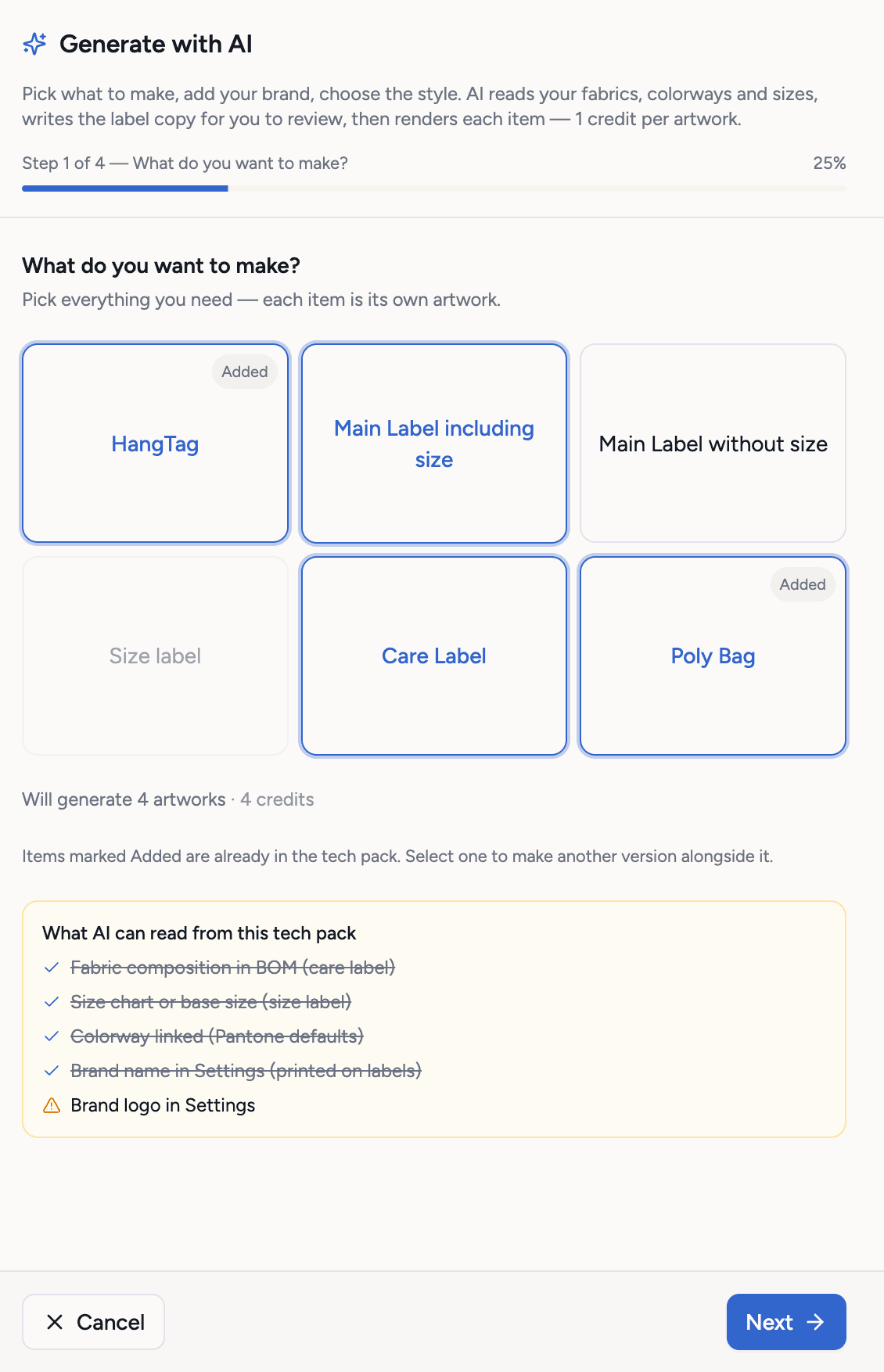 Step 1 of the packaging wizard: pick HangTag, main label, size label, care label and poly bag, with what the AI can read from the tech pack