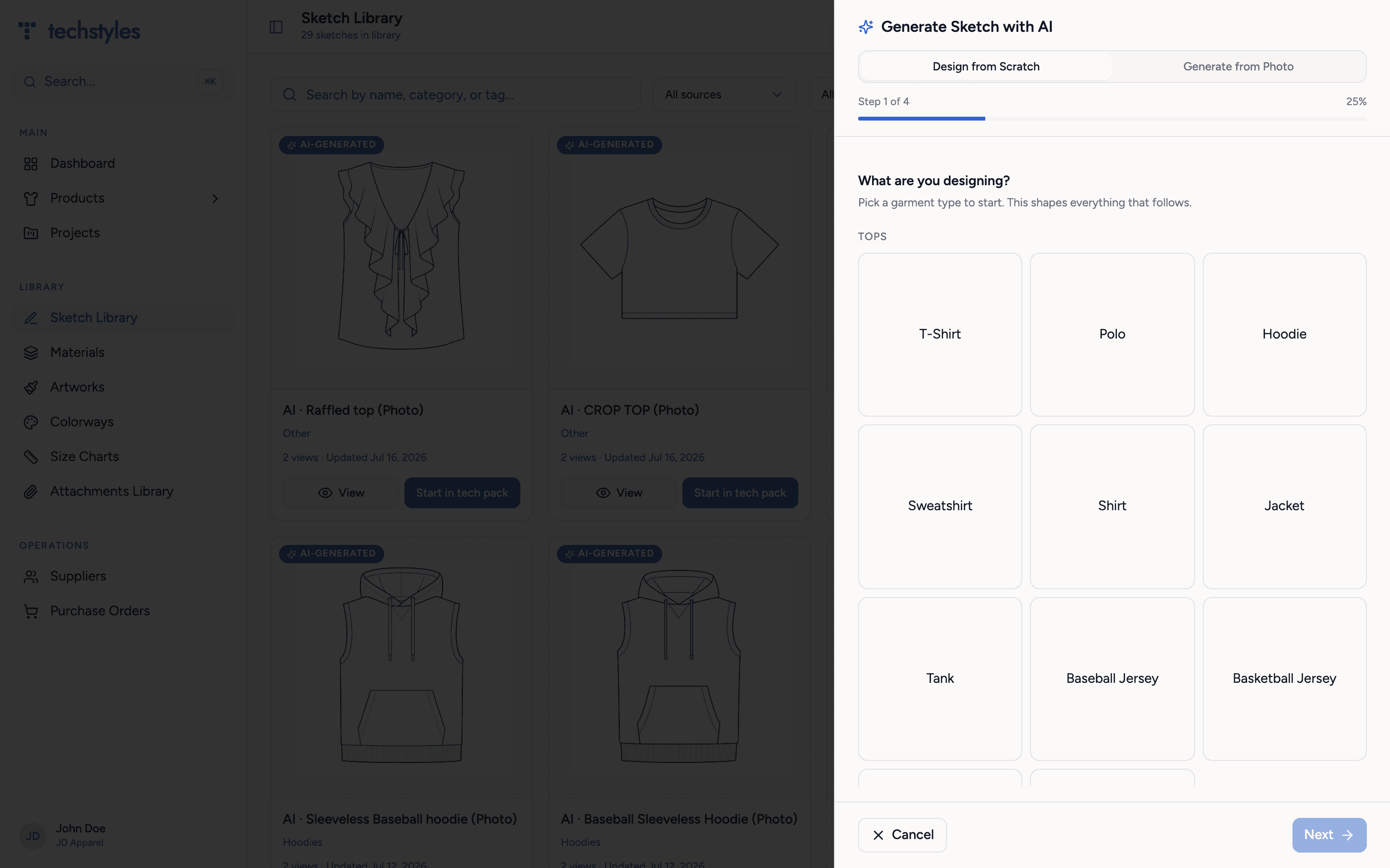 Generate Sketch with AI — choosing a garment type in the guided design-from-scratch flow