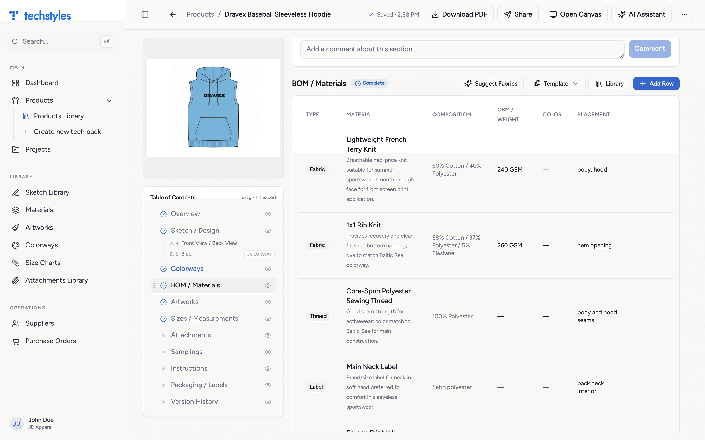 The hoodie's populated BOM with fabrics, compositions, GSM weights and placements, plus a Suggest Fabrics button