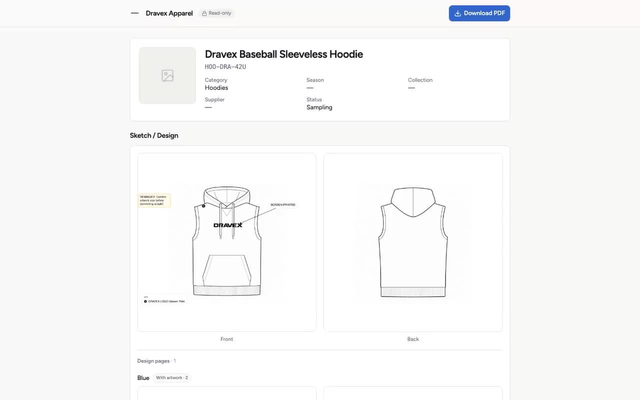 The read-only supplier view of the Dravex hoodie tech pack — product details with front and back flats