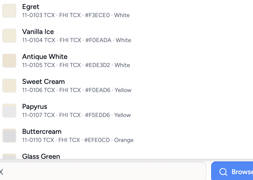 Pantone TCX swatches with names, codes and hex values