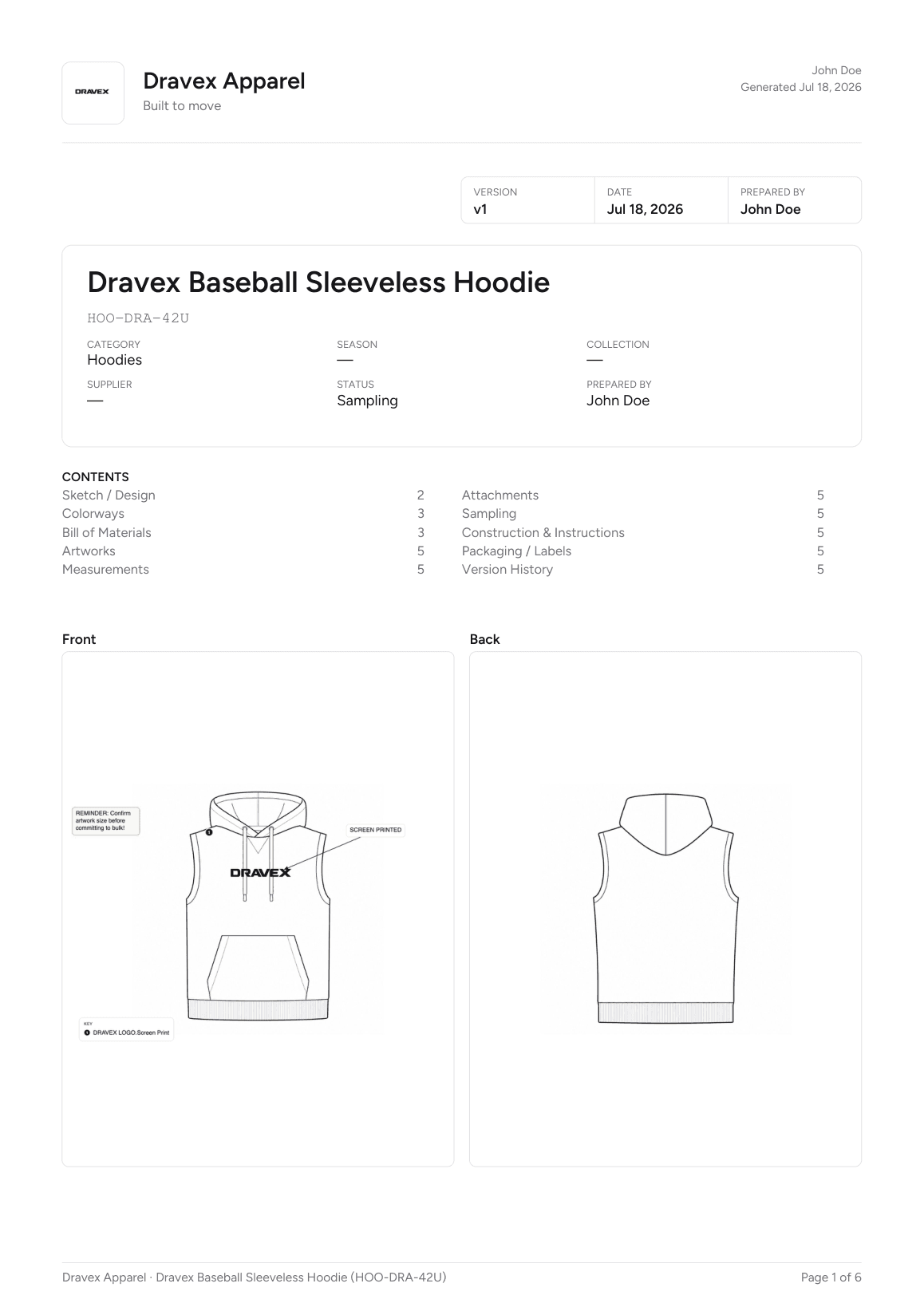 The exported Dravex Apparel PDF tech pack cover — brand header, contents and front and back flats