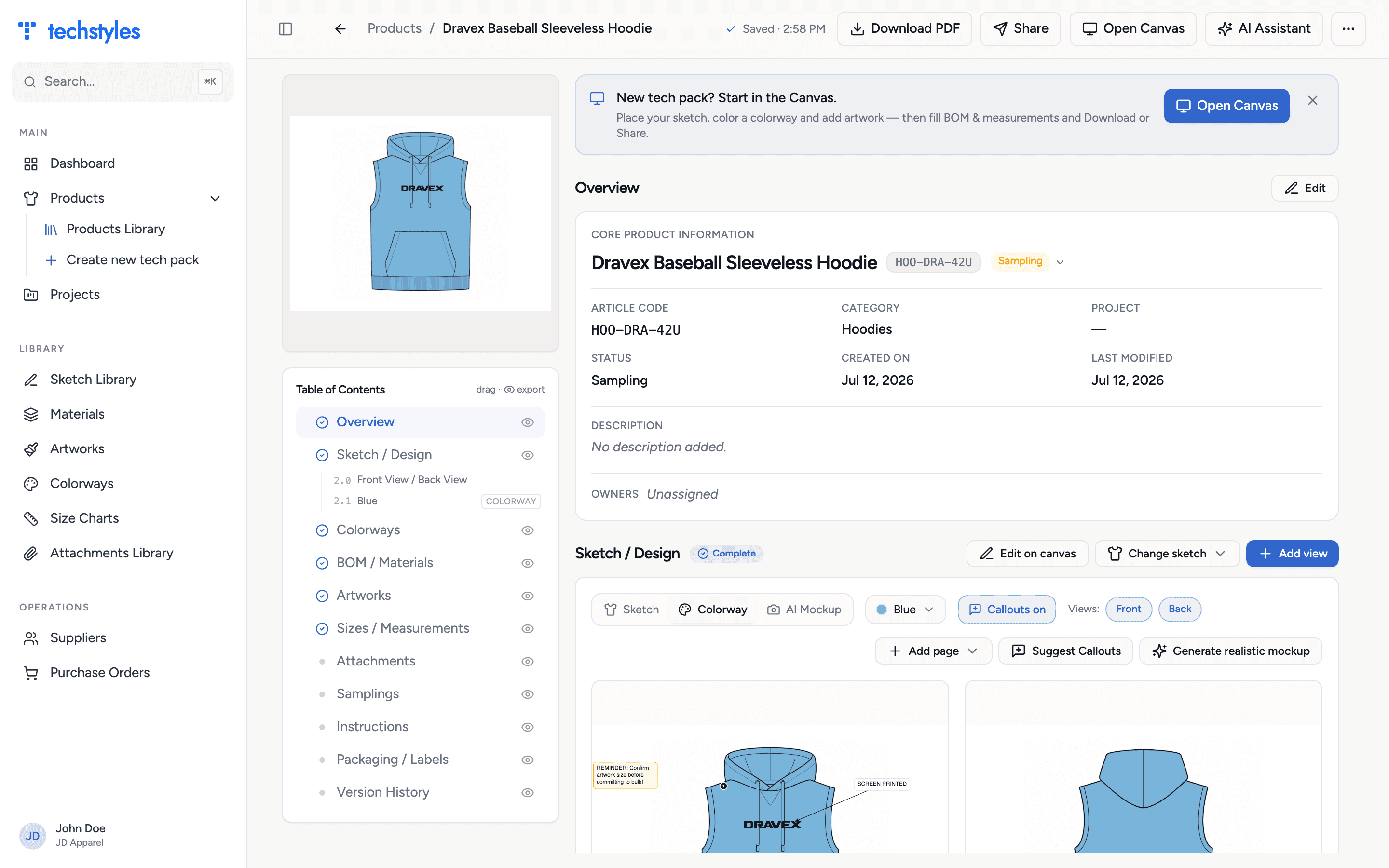 The Techstyles tech pack builder showing the Dravex Baseball Sleeveless Hoodie — guided sections from overview to packaging, with sketch views, callouts and completion status
